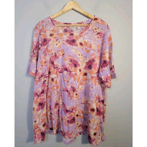 LOGO Lori Goldstein Womens 2X Plus Knit Top Floral Short Sleeve Pink